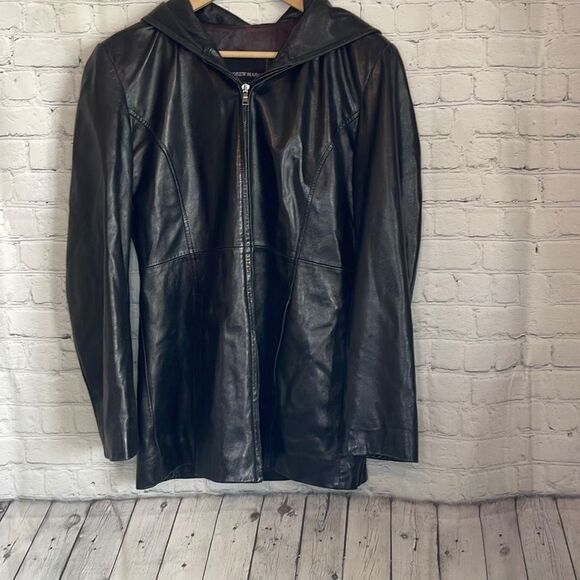 Andrew Marc Men’s Black Leather Hooded Zip up Jacket size medium - Picture 1 of 12